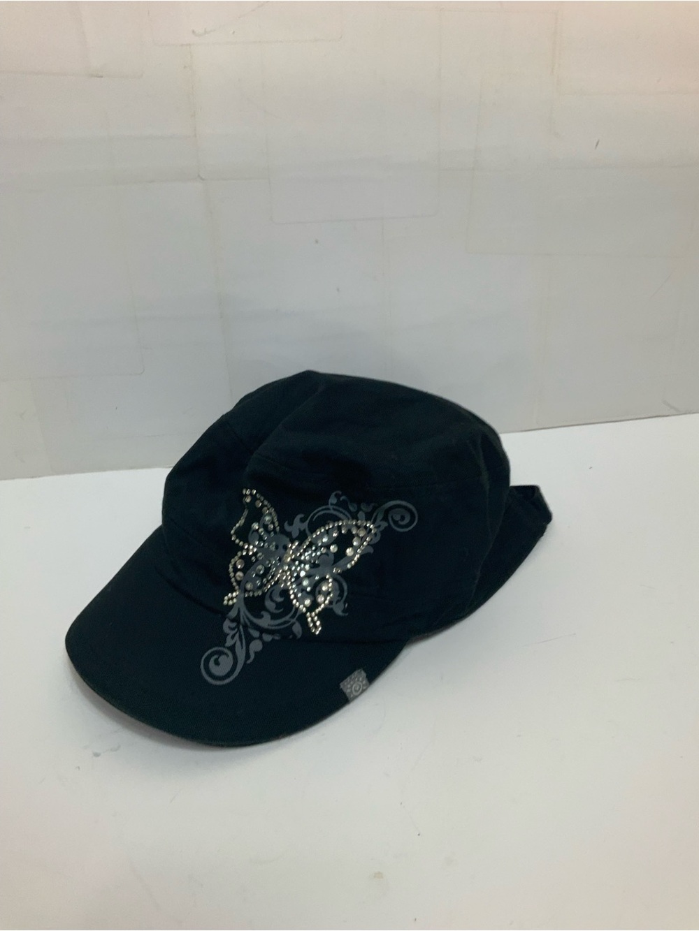 Del Sol Black Cadet Military Hat Women One Size Cotton Rhinestone Butterfly